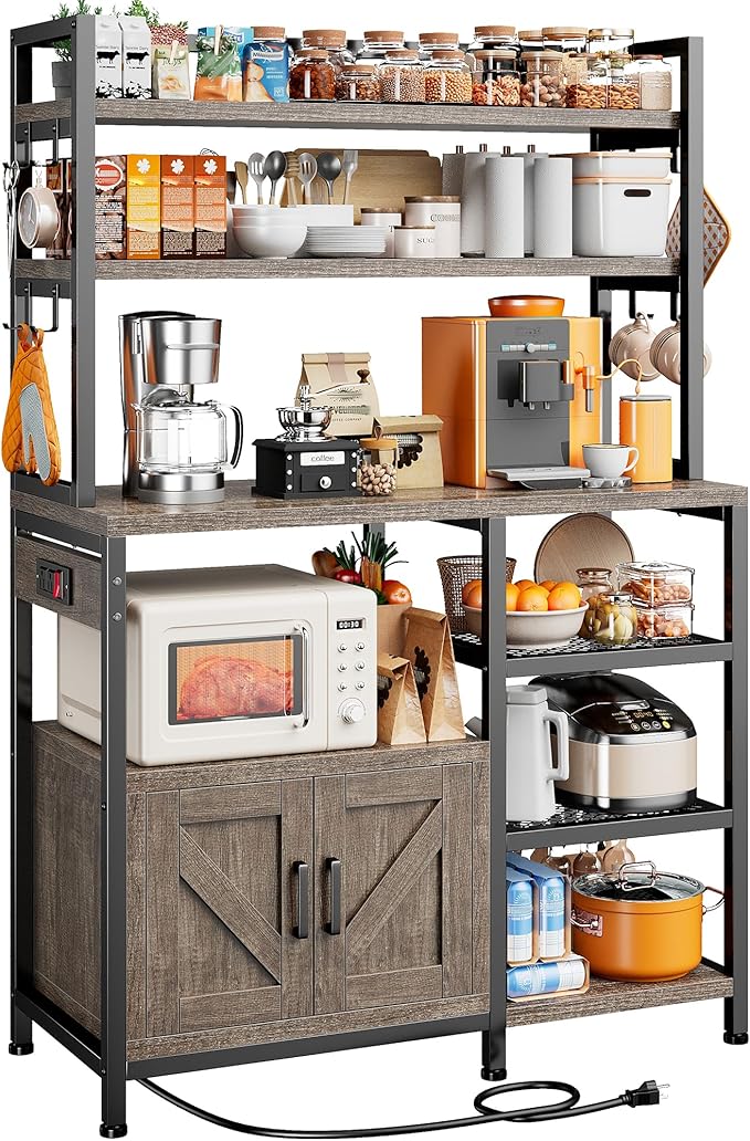 EnHomee Bakers Rack with Power Outlet, 6 Tier Microwave Stand, Coffee Bar Organizer with 8 L-Shaped Hooks, Kitchen Shelves with Storage, 14.1 x 30.1 x 63.1 Inches, Black Oak