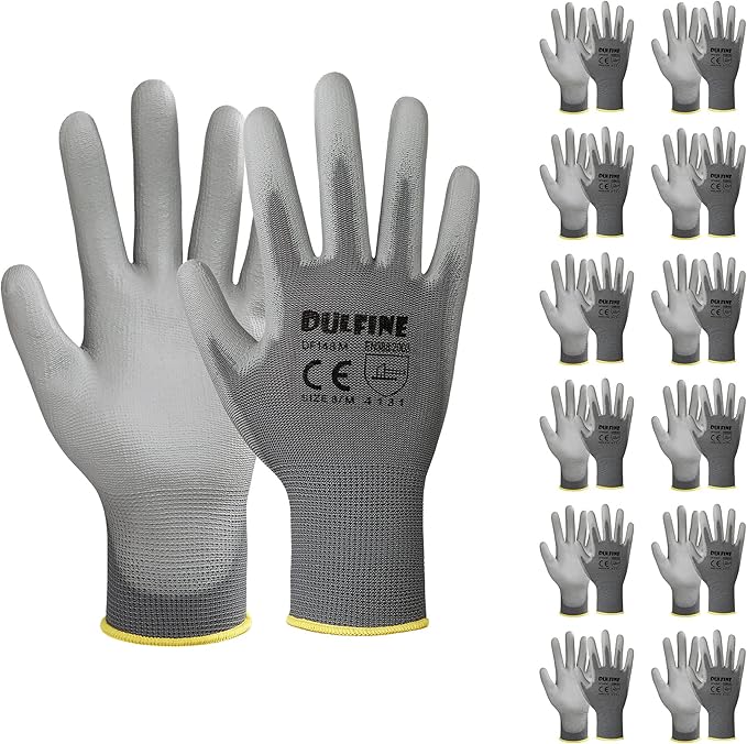 DULFINE Safety Work Gloves PU Coated-12 Pairs,Grey Seamless Knit Glove with Polyurethane Coated Smooth Grip on Palm & Fingers, for Men and Women, Ideal for General Duty Work (Small)