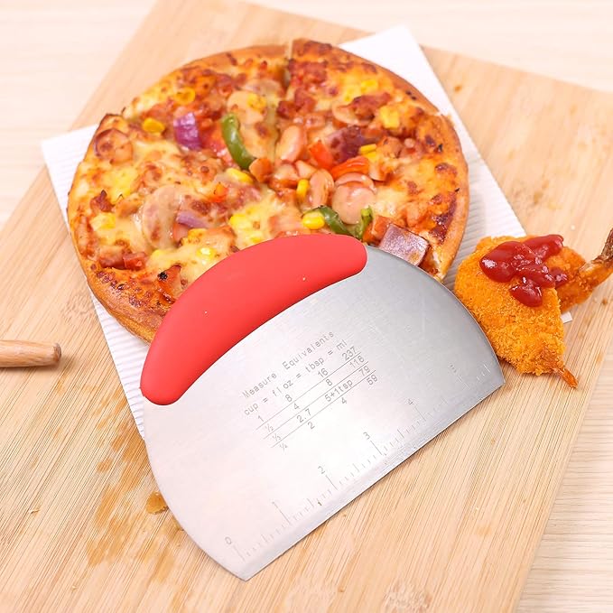 1 pcs Dough Pastry Scraper Chopper/Stainless Steel Dough Scraper Cutter with Ergonomic Rubber Non-Slip Grip/Dough Scraper Cutter/Pro Pastry Pizza Cutter Chopper (Red)
