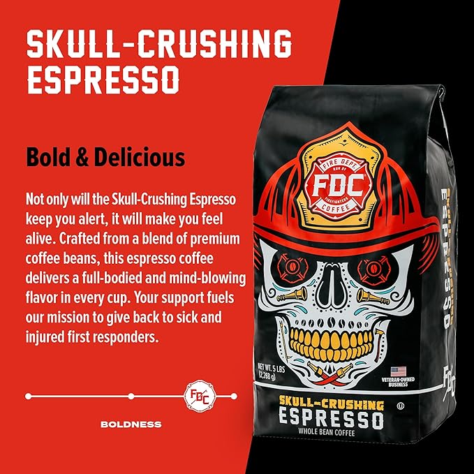 Fire Department Coffee - Gives Back to Firefighters - Full-Bodied & Bold Skull Crushing Espresso Coffee Beans - Roasted in the USA - Premium Espresso Beans - Veteran Owned - Bulk 5 LB