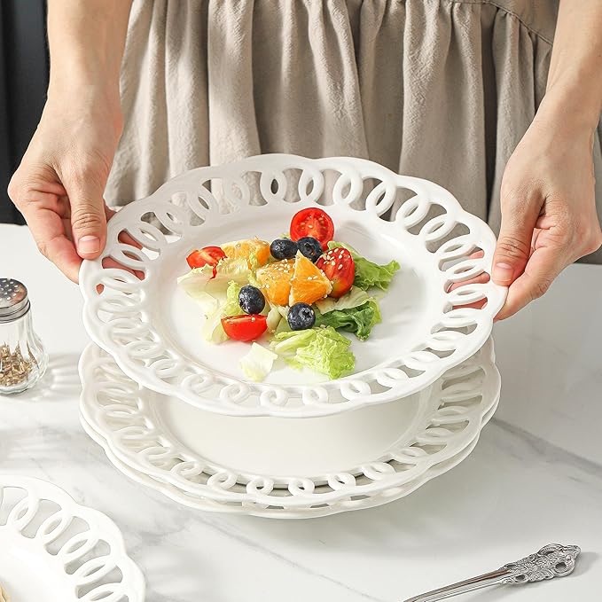 4 Pack 10" Dinner Serving Plates with Lace Rim, New Bone Porcelain Round Tableware Plates with Unique Hollow Out Design Scolloped Edge, White Dishes for Daily Use or as an Excellent Plate Idea