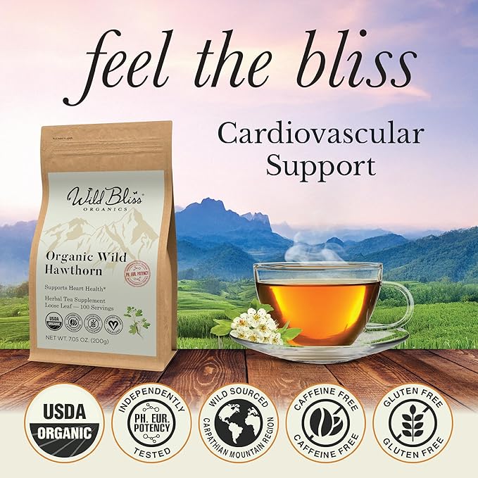 Organic Hawthorn Tea - Caffeine Free Loose Leaf and Flower Herbal Tea - Pharmacopoeia Potency - 100 Servings