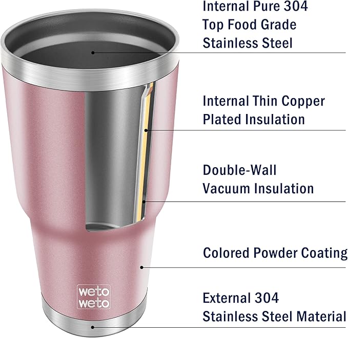 WETOWETO 30oz Tumbler, Stainless Steel Vacuum Insulated Water Coffee Tumbler Cup, Double Wall Powder Coated Spill-Proof Travel Mug Thermal Cup for Home Outdoor (Rose Gold, 1 Pack)