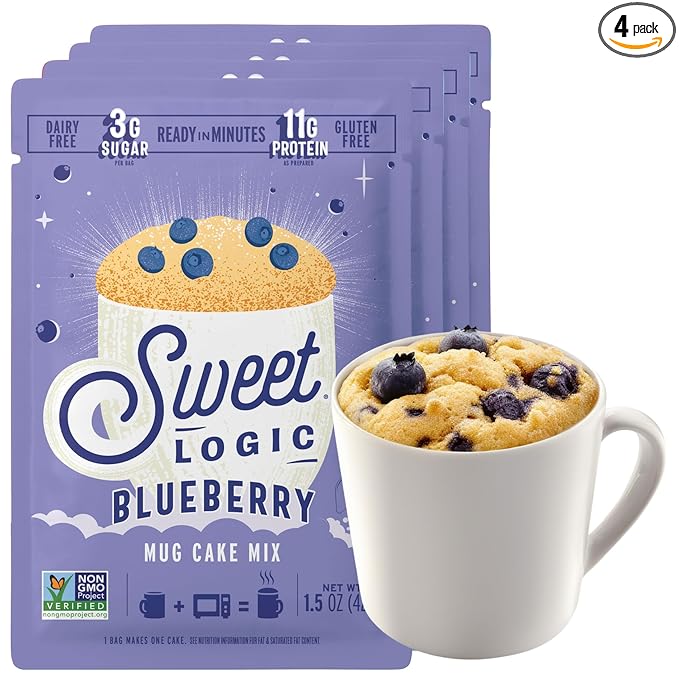Sweet Logic Keto Dessert Mug Cake Mixes - Blueberry Muffin - Low Sugar - Gluten-Free - Low Carb - Diabetic-Friendly Sweets - Natural Ingredients - High Protein - Delicious Keto Treats (4 Pack)