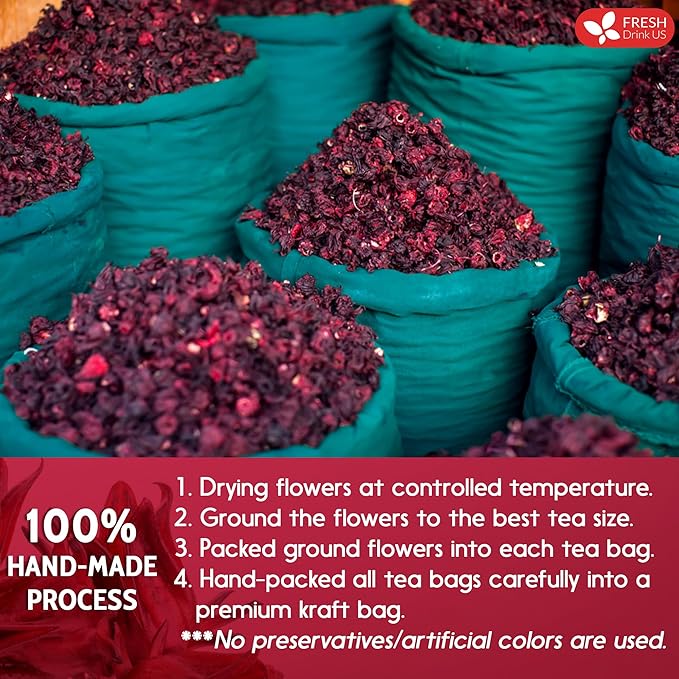 FreshDrinkUS, Premium 115 Hibiscus Flowers Tea Bags, 100% Natural & Pure. Loose Flower Hibiscus Herbal Tea. No Sugar, No Caffeine, No Gluten, Vegan.