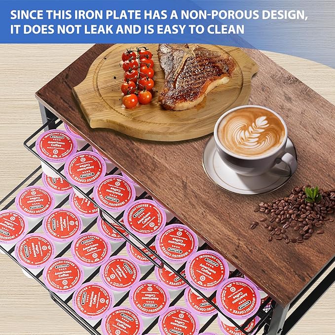 K Cup Holder Organizer for 70 Pods, 2-Tier Coffee Pod Holder for K-Cup with 2 Sliding Storage Drawers, Coffee Station Bar Organizer for Kitchen Countertop, Home & Office, Wooden