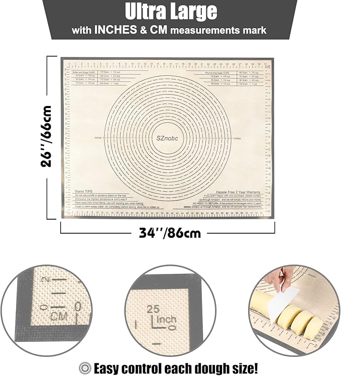 Silicone Pastry Mat 34'' By 26'' Extra Large Baking Mat with Measurements for Dough Rolling, Kneading Board, Kitchen Counter Mats for Dough, Pastry, Fondant, Pie Crust, Cookies, Bread, Pasta, Pizza