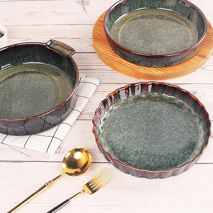 7 Inch Ceramic Pie Pan Quiche Dish 13.5 Ounces Baking Pan, Set of 2 Au Gratin Baking Dishes, Non-Stick Tart Pan, Pie Plate for Apple, Oven Safe, Round Ruffled Edge 7.7 Inch