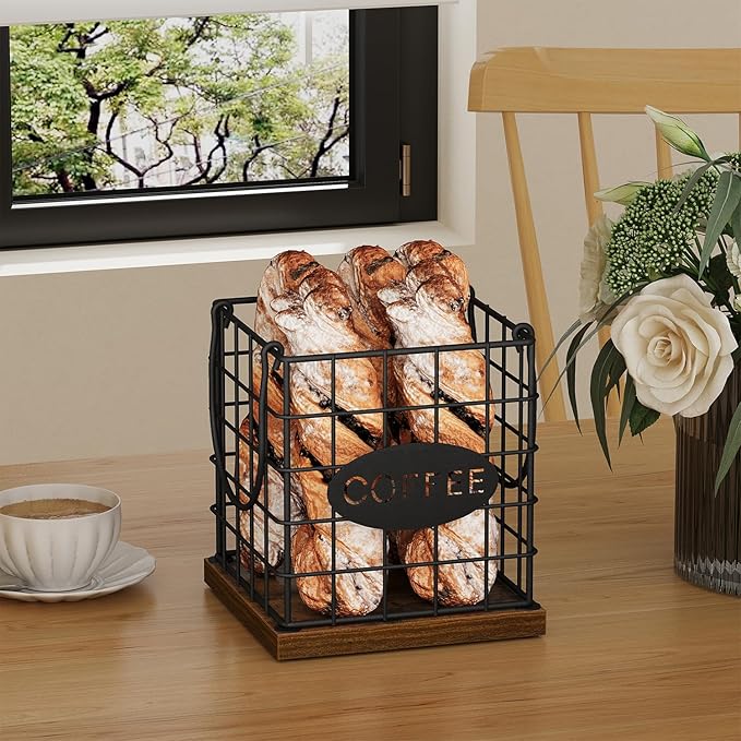 YINMIT K Cup Holder Organizer, Rustic Coffee Pod Holder Organizer, 35 Kcup Holder for Counter with Handle，Large Capacity Black Wire Coffee Capsule Basket for Kitchen Office Desktop (Square Grid)