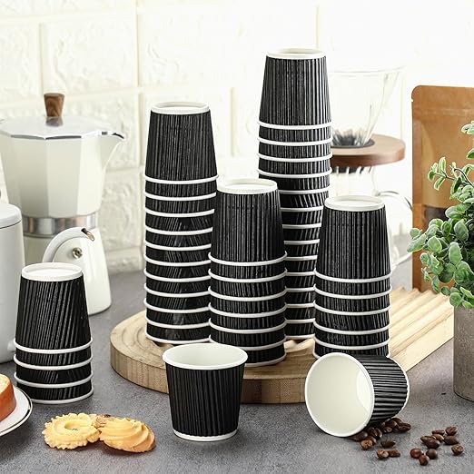 Yaomiao 200 Pcs 4 oz Disposable Espresso Coffee Cups Ripple Corrugated Paper Insulated Hot Cups for Party Cold Drinks Hot Beverage Tea(Black)