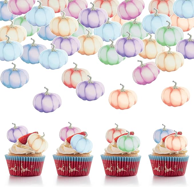 40Pcs Edible Pumpkin Cupcake Toppers Autumn Thanksgiving Theme Party Wafer Paper Color Pumpkin Cupcake Toppers Baby Gender Reveal Party Supplies