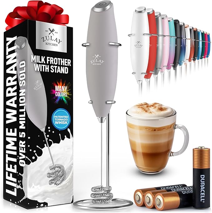 Zulay Kitchen Patented Tornado Triple Whisk Milk Frother with 4 Duracell Batteries – Handheld Foam Maker for Coffee, Lattes, Matcha & Hot Chocolate – Rich, Creamy Froth in Seconds
