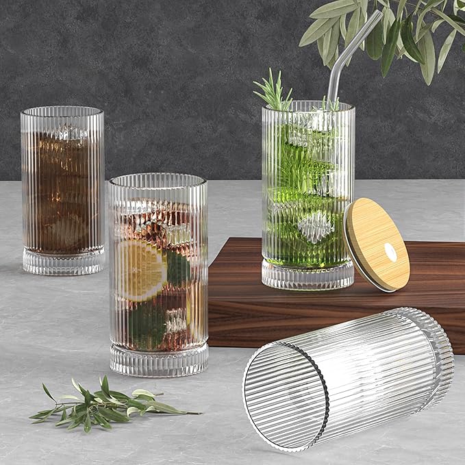 15 Oz Glass Cups with Straws, Vintage Glassware for Whiskey Cocktail Beer, Iced Coffee Cups and Drinking Glassare (4 PACK)