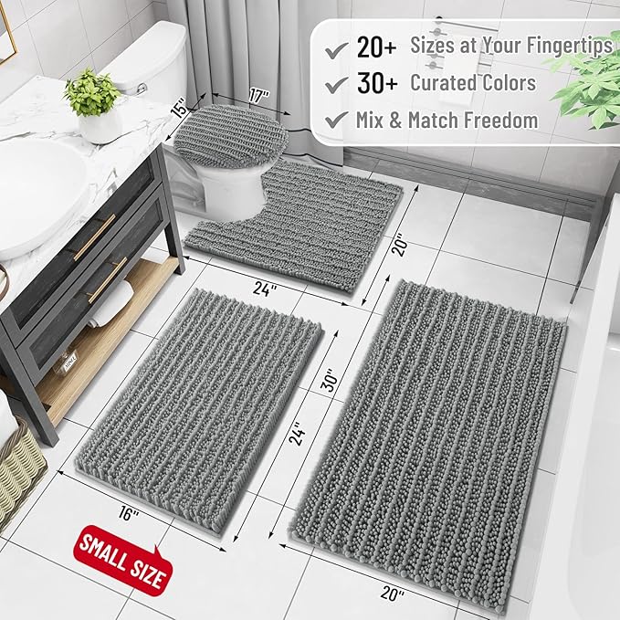 Arotive Luxury Chenille Bathroom Rug Mat, Extra Soft Thick Absorbent Shaggy Bath Rugs, Non-Slip Machine Wash Dry, Plush Bath Mats for Bathroom, Shower and Tub, 60x20, Grey