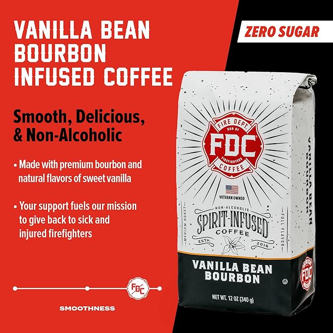 Fire Department Coffee - Vanilla Bourbon Coffee Beans - Gives Back to Firefighters - Vanilla Bean Bourbon Infused Whole Bean - Non-Alcoholic - Roasted in the USA - Veteran Owned (12 oz, Pack of 2)