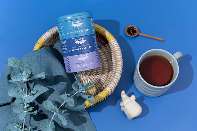 JusTea EARL GREY TEA TRIO | Stacking Tins Variety Pack with Hand Carved Tea Spoon | Loose Leaf Tea | High Caffeine | Fair Trade | Non-GMO