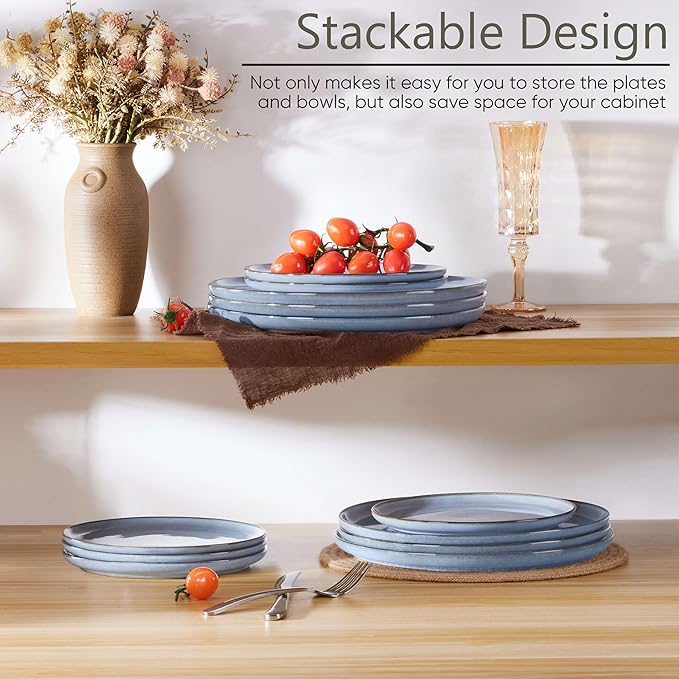 Herogo 6-Piece Stoneware Dinner Plates Set, 10.43" Ceramic Round Plate Set, Handmade Double Reactive Glaze Dinnerware Plates for Kitchen, Microwave, Oven and Dishwasher Safe, Haze Blue