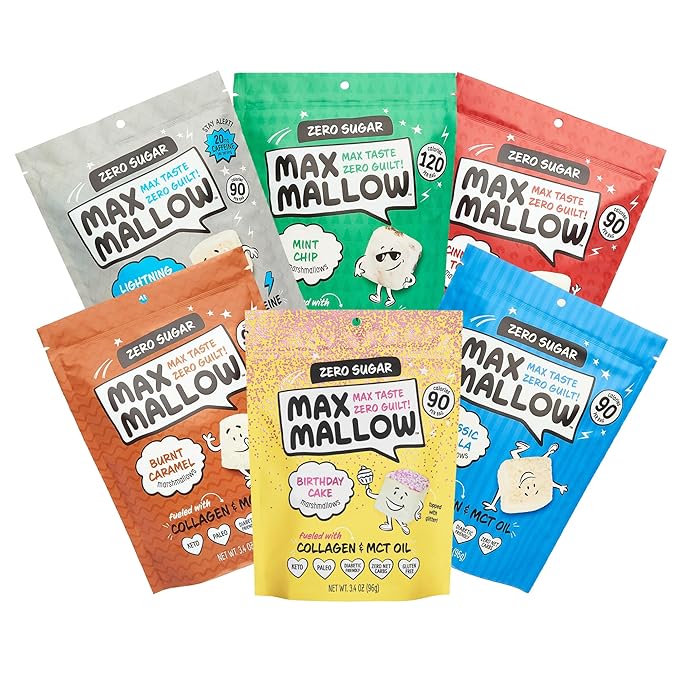 Max Mallow Sugar Free Marshmallows - Keto Friendly, Perfect for S'mores, Hot Chocolate, and Baking with Zero Sugar Snacks, Smores Mct Oil Zero Sugar Marshmellow Marshmallow Lightning Vanilla, Mint Chip, Cinnamon Toast, Burnt Caramel, Birthday Cake, & C...