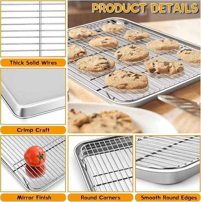 P&P CHEF 17.5 Inch Stainless Steel Baking Sheet with Rack Set (2 Pans+ 2 Racks), Cookie Sheets Baking Trays and Cooling Wire Racks, Oven & Dishwasher Safe, Pans with Flat Racks