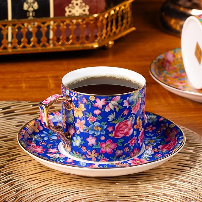 KAMMAK Tea Cups and Saucers Set of 2, Ceramic Coffee Cup with Saucer for Espresso, Cappuccino, 7oz Vintage Yellow and Blue Floral Porcelain Demitasse Mug for Home, Tea Party, Office