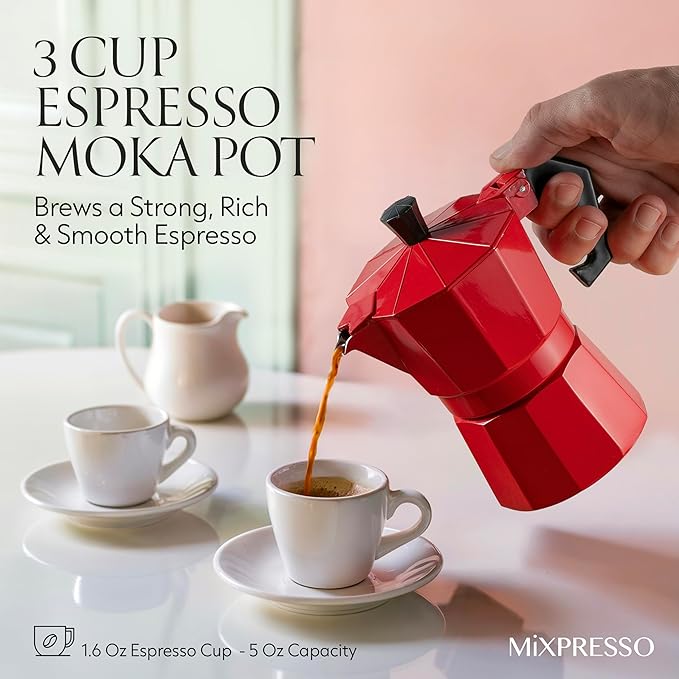 Mixpresso Red 3 Cup Moka Pot Cuban Coffee Maker, Moka Pot for Gas, Electric Stove Top, Classic Italian Coffee Maker, Stovetop Espresso Maker, Camping Pot Makes 3 Espresso Cup 5 Oz - Mug 4.4 Oz