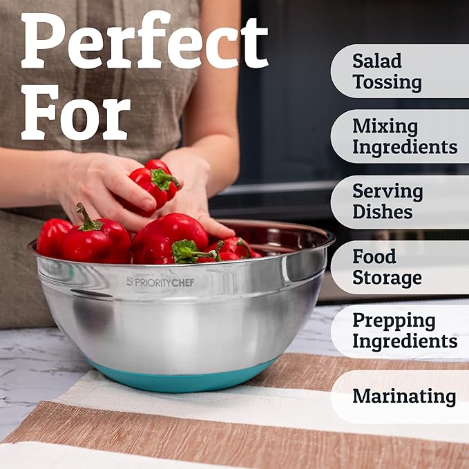 Priority Chef Stainless Steel Mixing Bowls with Lids Set - Premium 30Pcs with 6pc Metal Bowl Set for Kitchen, 3 Graters, Airtight Lids, Non-Slip Bases & Silicone Utensils, Turquoise