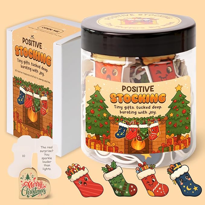 Positive Stocking Jar – 60 Funny Emotional Support Jar- Christmas Gifts for Teens, Women, Men, Coworkers, Teachers, Sisters, Friends – Christmas Stocking Stuffer for Teen Girls, Boys, Women