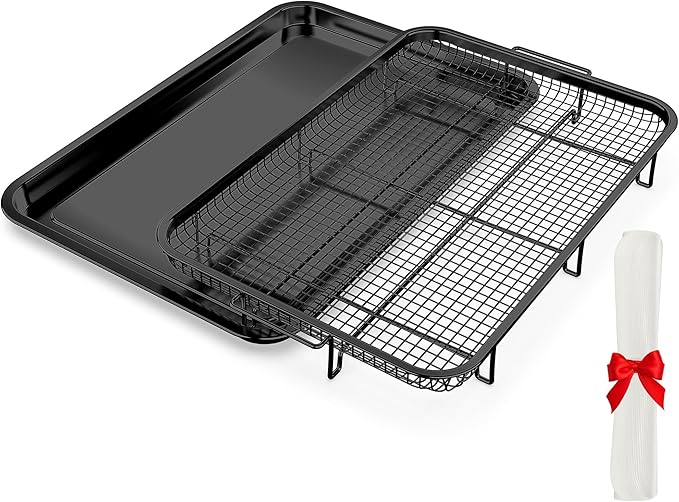 Air Fryer Basket for Oven, OPENICE 18.6" x 12.8" Air Fryer Basket and Tray Set, Extra Large Stainless Steel Air Fryer Pan Crisper Tray for Crisping Fried, Chicken, Bacon - Black