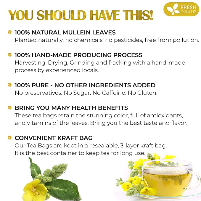 FreshDrinkUS, Premium 35 Mullein Leaf Tea Bags For Lung, 100% Natural & Pure from Mullein Leaves. Loose Leaf Mullein Herbal Tea. Made with Natural Material Tea Bags. No Sugar, No Caffeine, No Gluten, Vegan.