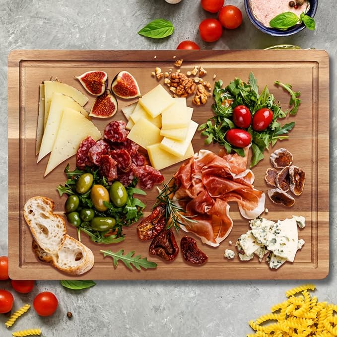 Decorative Acacia Wood Cutting Boards for Kitchen Meat Large Charcuterie Boards Best Hardwood Solid Chopping Board Butcher Block Bread Serving Cheese Board Big Maple Carving Cutting Board Non Toxic