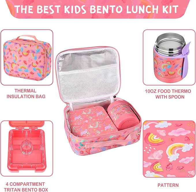 Bento Lunch Box Set With 10oz Soup Thermo, Leak-proof Lunch Containers with 4 Compartment, Kids Hot Thermo Food Jar/Insulation Lunch Bag, Food Containers for School（Rainbow）