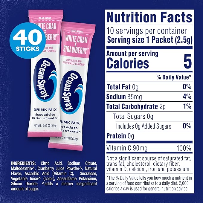 Ocean Spray® White Cran-Strawberry™ Zero Sugar Powder Drink Mix Packets with Real Cranberry Juice Powder, 100% Vitamin C, No Synthetic Dyes, Juicy Mixes (40ct)