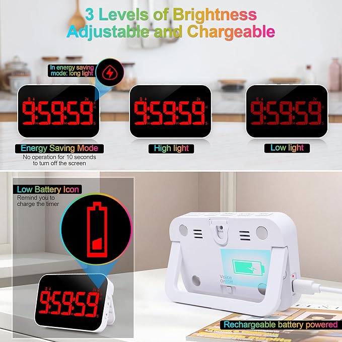 Digital Kitchen Timer - Magnetic Countdown Countup Timer with Large LED Display Volume Adjustable with Sound Alert Function Easy for Cooking and for Seniors and Kids to Use-Red