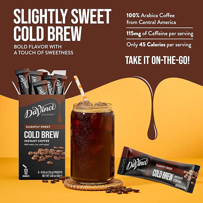 DaVinci Gourmet Slightly Sweet Cold Brew Stick Pack, Instant Coffee Powder, 6 Count (Pack of 1)