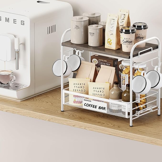 Coffee Bar Organizer for Countertop Station, Simple Assembly 2 Tier Shelf for Home,Office, Coffee Cup Holder Storage Organization for Counter Accessory Storage Rack with 4 Hooks Space-Saving