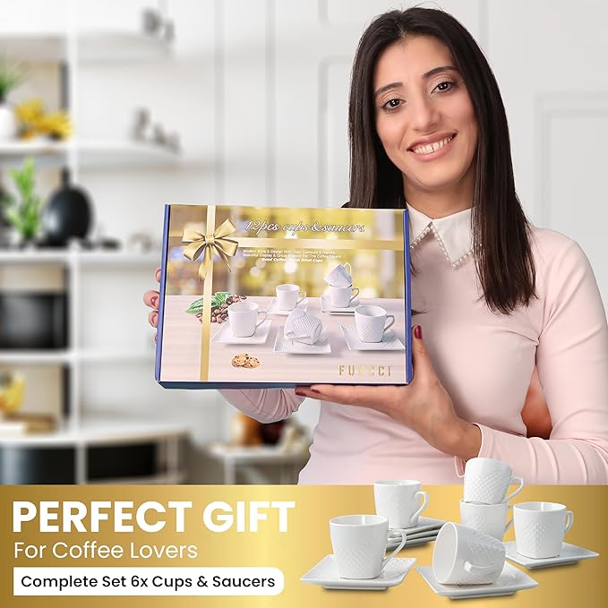 Espresso Cups With Saucer 3oz/90ml, Turkish Coffee Cup Set, White Espresso Cups Set of 6 Italian Style, Demitasse Espresso Cup Set, Modern Espresso Coffee Cups, Tasas de Cafe Expreso Modernas