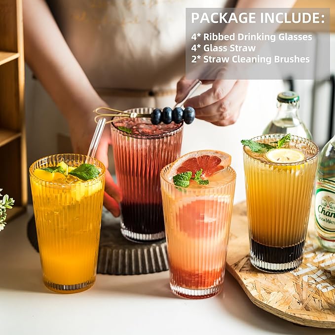 KEMORELA 4-Pack Ribbed Drinking Glasses, 16 oz Vintage Highball Cups with Glass Straws, Old Fashioned Glasses, Elegant Tumblers for Water, Juice, Whiskey - Perfect for Iced Coffee and Cocktails