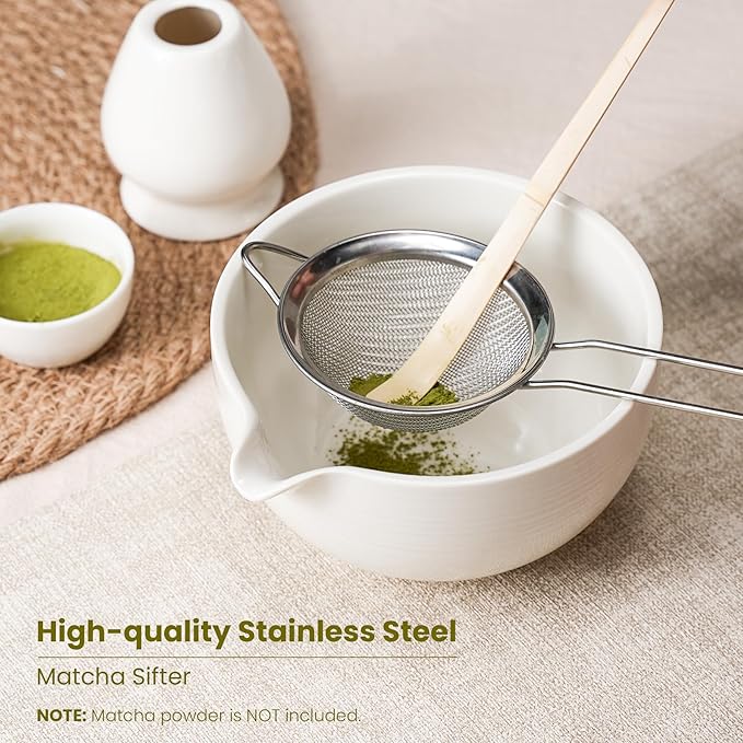 Matcha Whisk Set, Handcrafted Bamboo Chasen & Ceramic Bowl Matcha Kit, Complete 5 Pcs Matcha Set Whisk and Bowl W/Stainless Steel Sifter, Bamboo Scoop & Holder for Matcha Tea Ceremony (White)