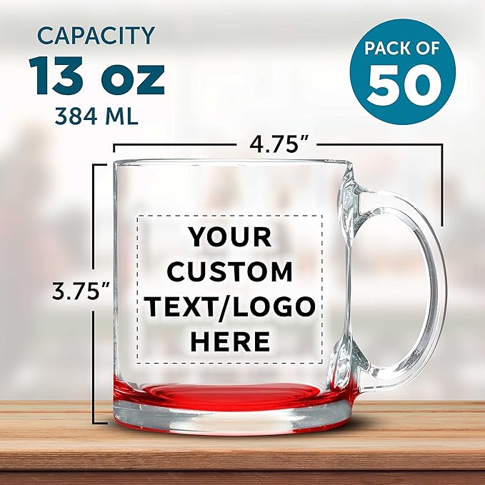 Custom Libbey Clear Glass Coffee Mugs 13 oz. Set of 50, Personalized Bulk Pack - Perfect for Coffee, Tea, Espresso, Hot Cocoa, Other Beverages - Red Bottom