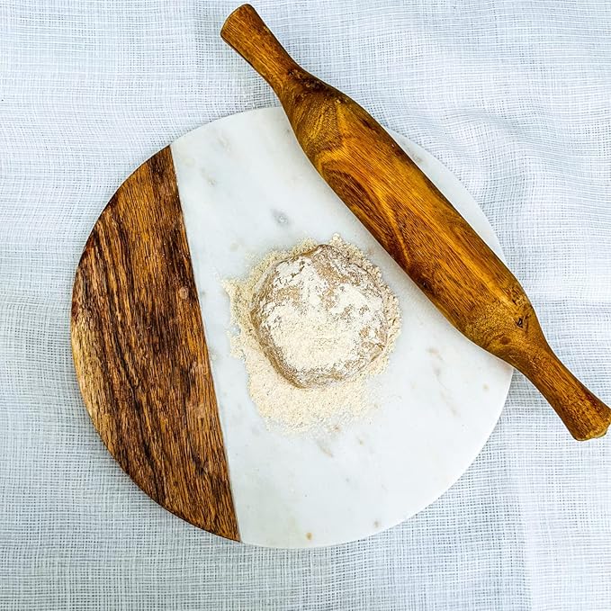 White Marble Board - Cheese Board | Acacia Wooden Serving Tray For Charcuterie, Cheese, Meats, Fruit, Crackers | Cutting Board, Serving Tray, Round Slab 10 Inches.