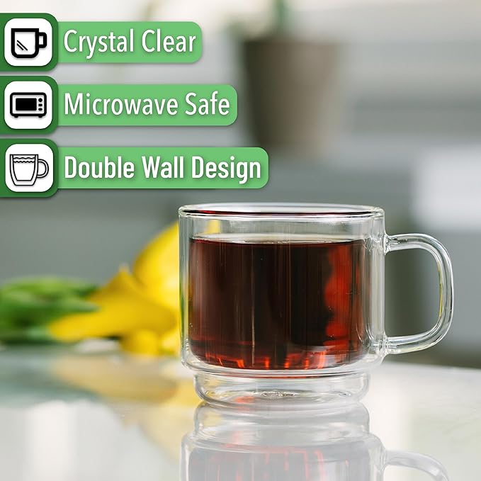 BTaT- Stackable Insulated Coffee Mugs, Glass Tea Mugs, Set of 4 (12 oz, 350 ml), Double Wall Glass Coffee Cups, Tea Cups, Latte Cups, Beer Glasses, Latte Mug
