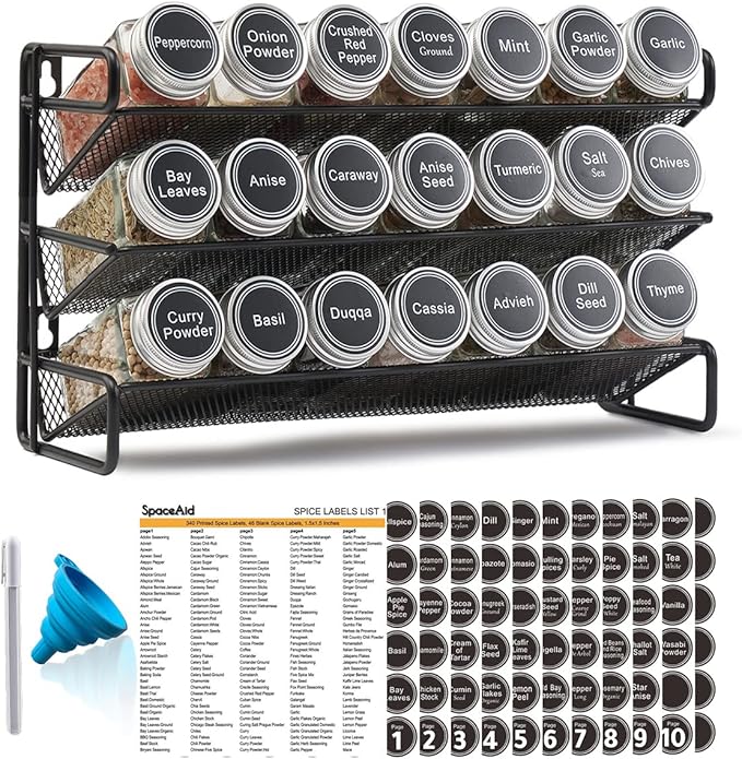 SpaceAid Spice Rack Organizer with 21 Spice Jars, 386 Spice Labels, Chalk Marker and Funnel Set for Cabinet, Countertop, Pantry, Cupboard or Door & Wall Mount - 21 Jars, 13.4" W × 9" H, Black
