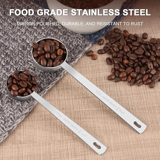Coffee Scoop Set, Tablespoon Scoop 2 Pc Set (1 Tbsp & 2 Tbsp), Stainless Steel Measuring Spoons for Ground Coffee with Long Handles, for Tea, Sugar, or Flour