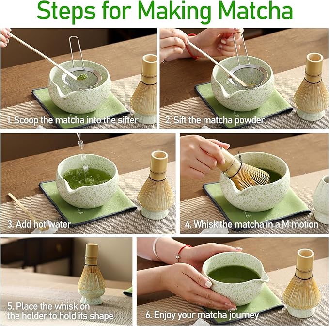 Matcha Whisk Set, Ceramic Matcha Set with Spout, Matcha Bowl Kit with Sifter, Whisk and Holder, Bamboo Scoop, Scoop Rest, Tea Towel, 7 Pcs Matcha Kit Set for Making Breakfast/Latte for Matcha Lovers