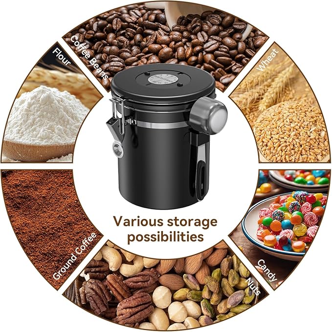 Coffee Canister With Window,22oz Stainless Steel Airtight Coffee Bean Storage Grounds Container with Date Tracker and Scoop,Grounds Kitchen Food Canister Jar for Beans,Tea,Sugar,Flour,Cereal