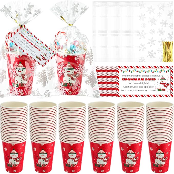50 Sets Christmas Snowman Soup Kits for Classroom Coworker Gift 12 Oz Winter Snowman Paper Cups for Hot Cocoa Chocolate Marshmallow Soup Tags Clear Xmas Bags (Vibrant)