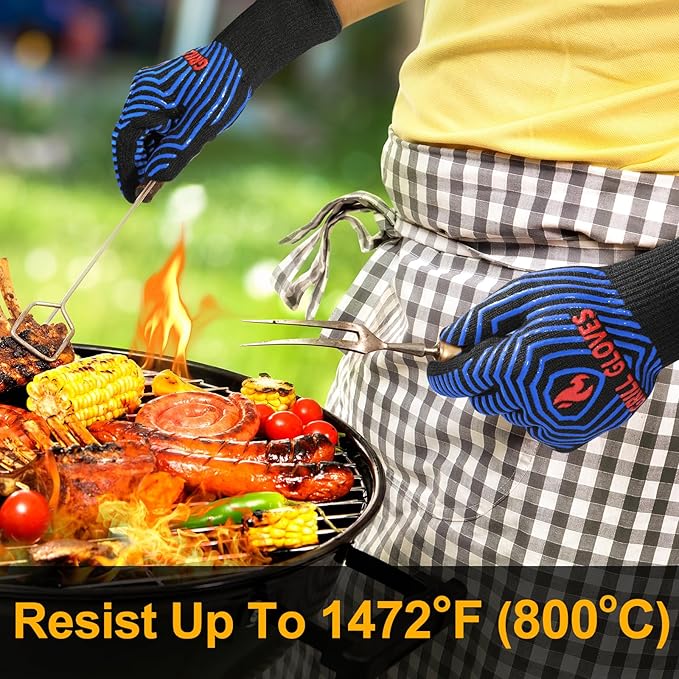QUWIN BBQ Gloves, Oven Gloves 1472℉ Extreme Heat Resistant, Grilling Gloves Silicone Non-Slip Oven Mitts, Kitchen Gloves for BBQ, Grilling, Cooking, Baking-1 Pair… (Black Blue, One SizeLong Cuff