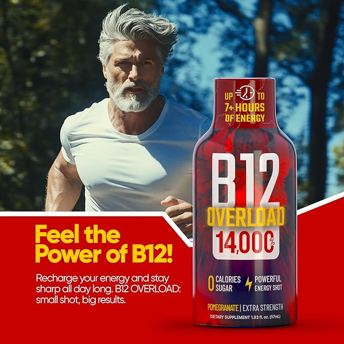 B12 Overload Extra Strength Energy Shot – Pomegranate – 260mg Caffeine, 14000% B12, Electrolytes – Energy & Vitality Support – Zero Sugar No Calories – Vegan, Kosher, Gluten-Free – 1.93 fl oz, 12-Pack