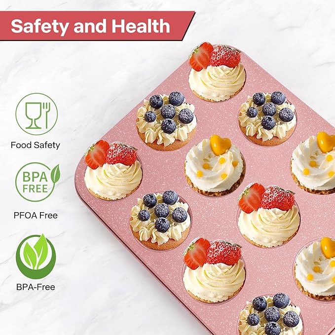 2-Pack Pink Nonstick Muffin Pans, 12-Cup Muffin Cake Pan, 5-Layer Free PFOA/PFOS/PTFE Safe Cupcake Pan, Durable & Easy-Clean Muffin Cup for Baking