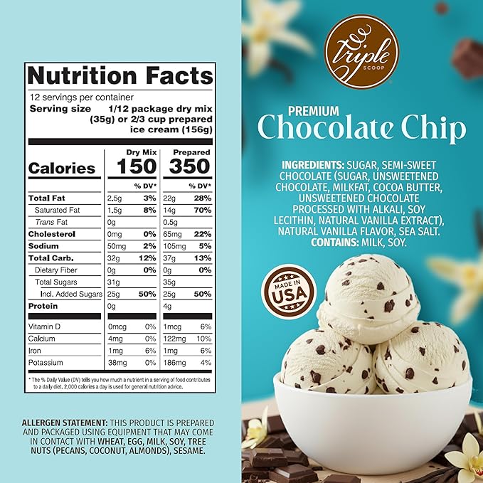 Triple Scoop - Premium Vanilla Choc Chip (2) Ice Cream Mix For Ice Cream Maker. Simple, Easy, Delicious. From Gourmet Mix To Maker in 5 Minutes, Makes 2 Creamy Qrts, Made in USA (2 Pk, Vanilla Choc)